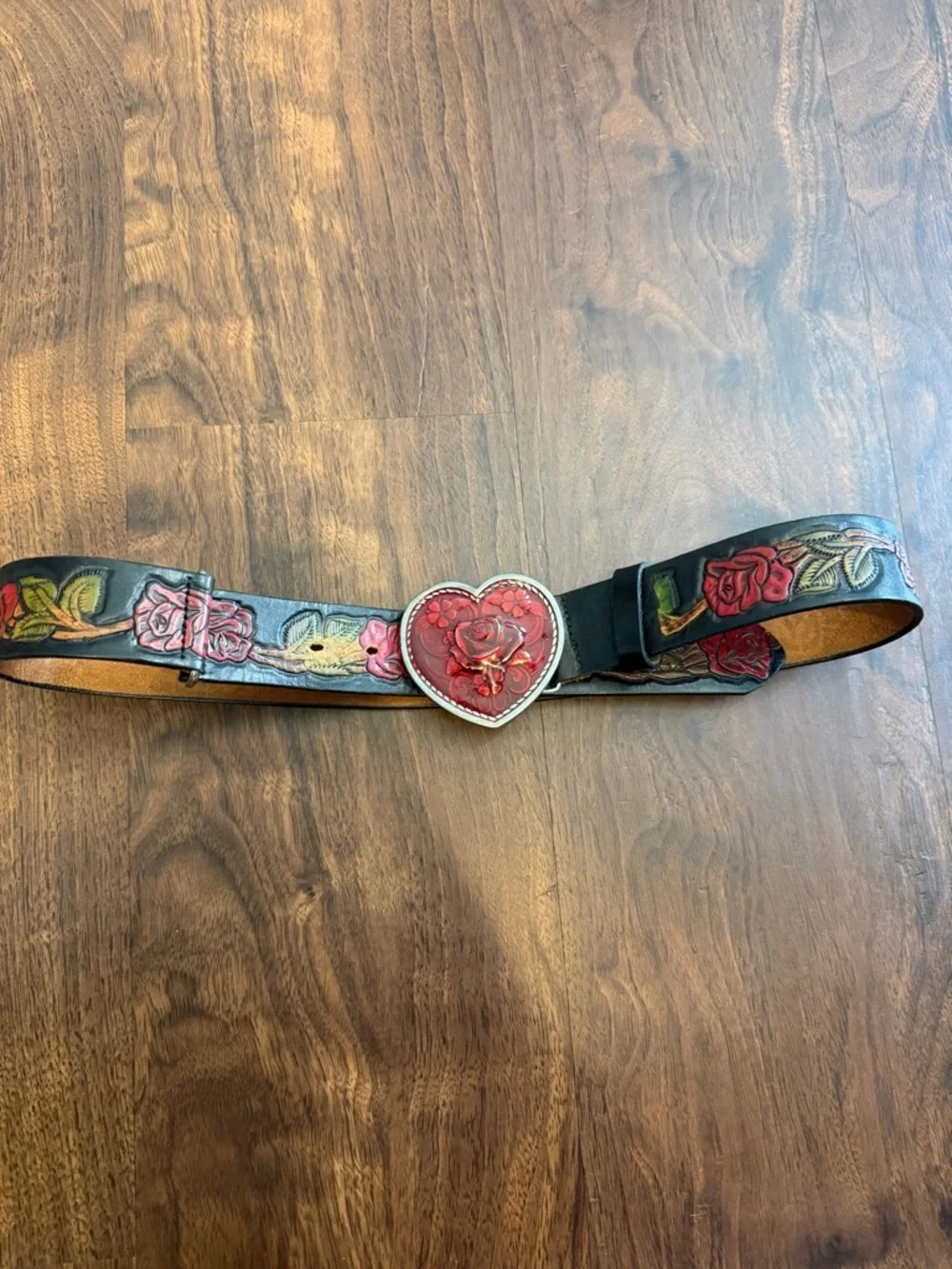 Western Boho Floral Embossed Leather Belt with Red Rose Heart Buckle